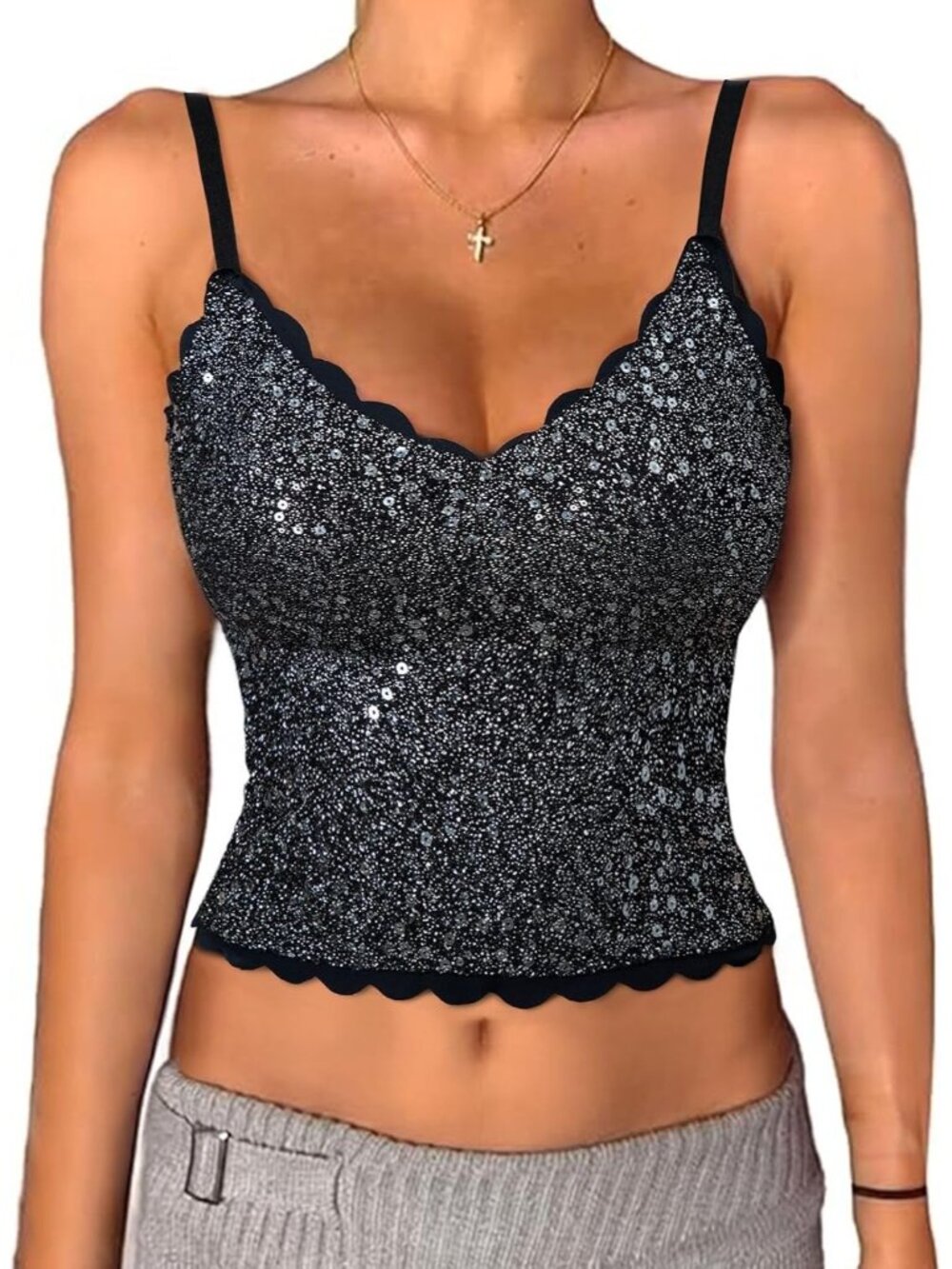 🆕Women's Black Built in Bra Tank Tops Sequin Sparkly  Sleeveless Shirts